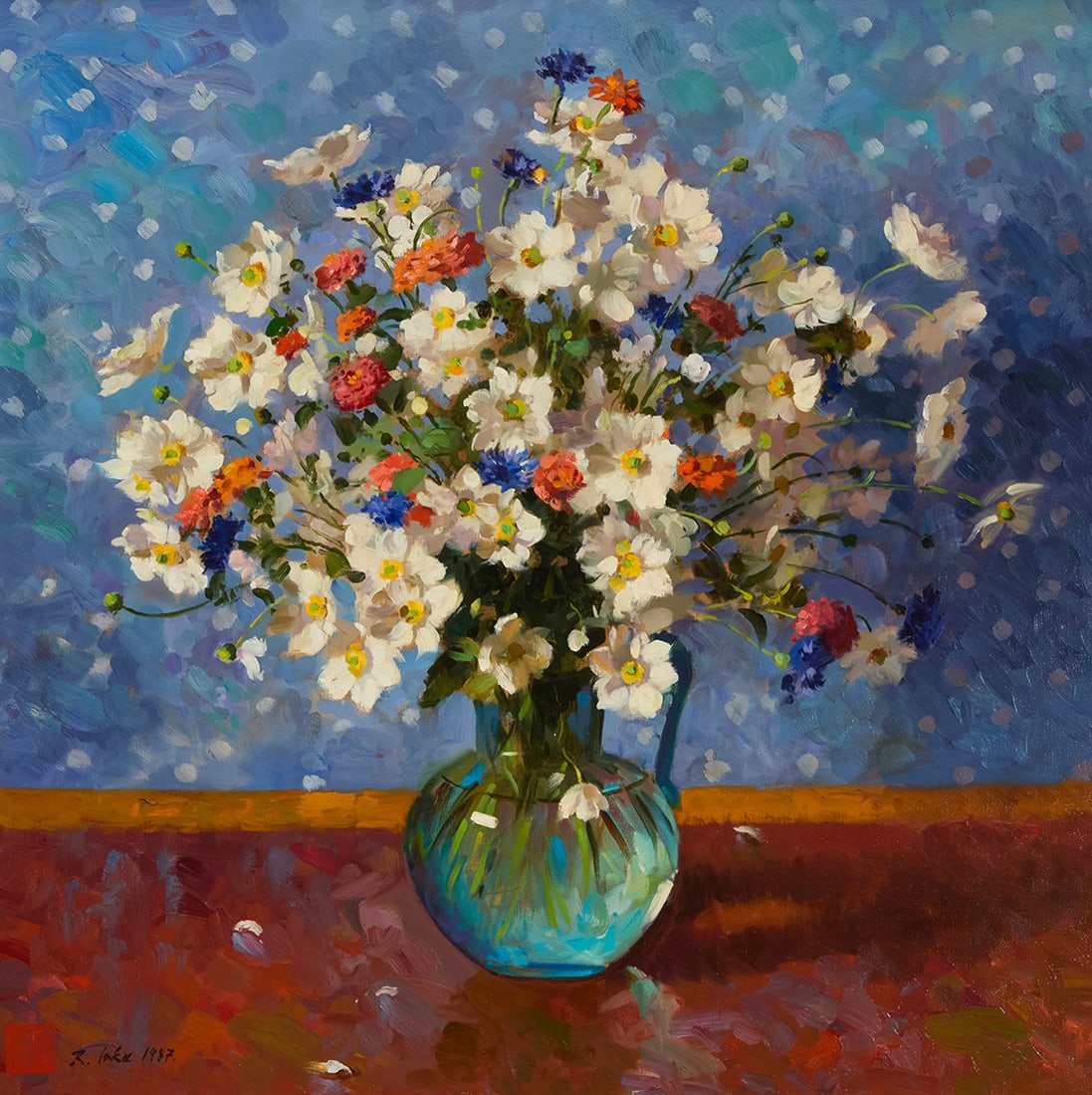 Randall Lake (b. 1945), "The Cider Pitcher," 1987: Randall Lake(b. 1945)"The Cider Pitcher," 1987Oil on canvasSigned, dated, and with the artist's red ink stamp lower left: R. Lake 1987; dated again and titled on the stretcher; with the artist's black