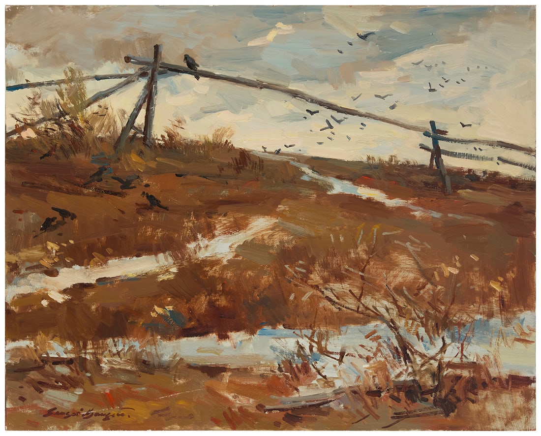 Sergei Bongart (1918-1985), Crows in an early Spring landscape (1 of 4)