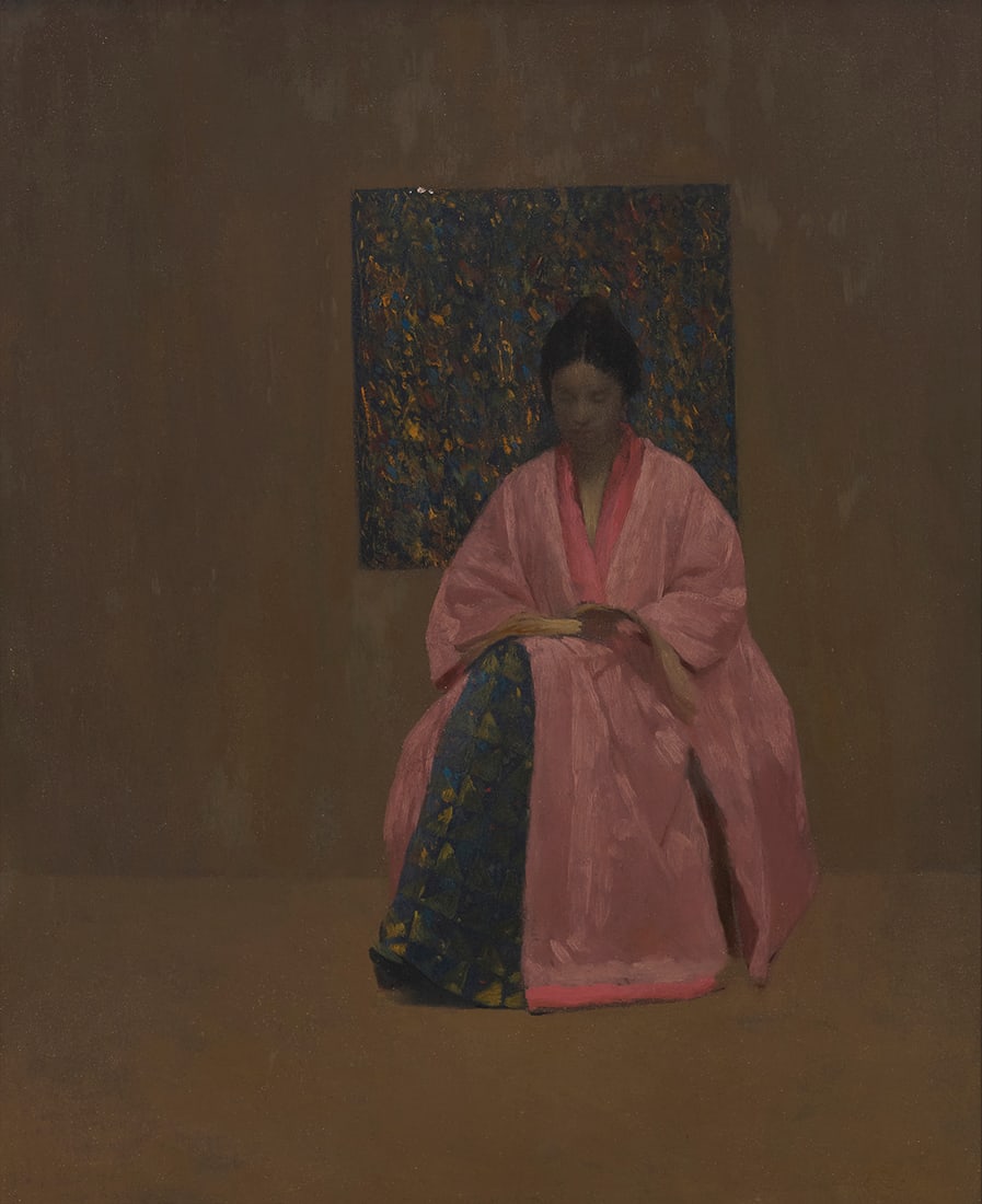 Arthur Frank Mathews (1860-1945), "Portrait of Lucia Mathews in Pink Robe": Arthur Frank Mathews (1860-1945) "Portrait of Lucia Mathews in Pink Robe" Oil on panel Unsigned; titled on a label affixed verso 17.5" H x 14.5" W Provenance: Collection of Lucia Kleinhans Mathews