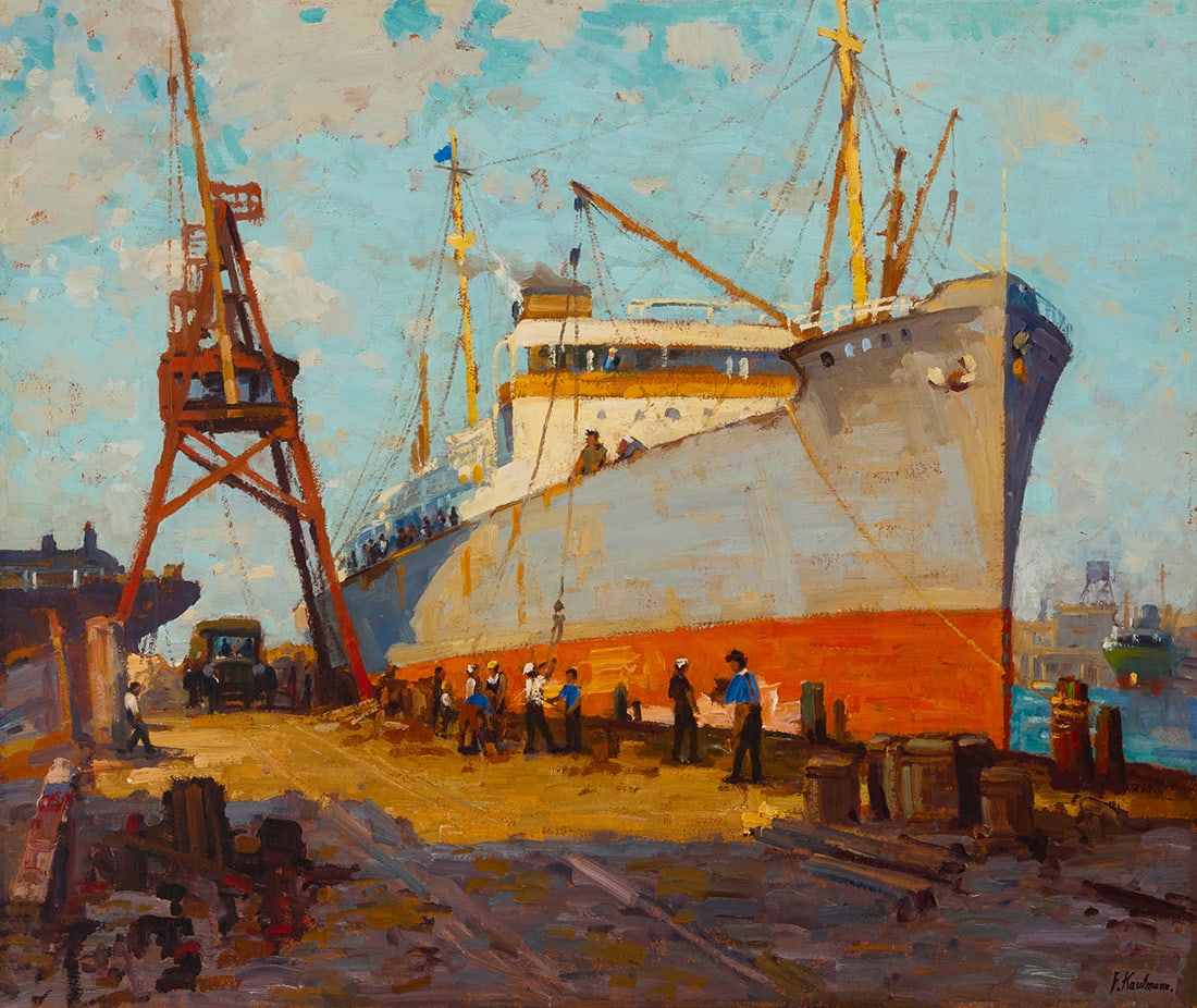 Ferdinand Kaufmann (1864-1942), "Los Angeles Harbor": Ferdinand Kaufmann(1864-1942)"Los Angeles Harbor"Oil on boardSigned lower right: F. Kaufmann.; signed again, titled, and inscribed, all in pencil on the verso: "Los Angeles, Calif. / Mr. Ferdinand Kau