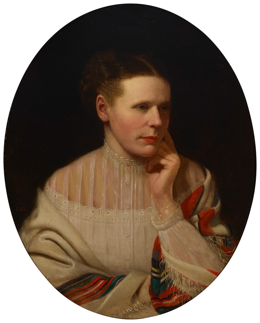 Thomas Hill (1829-1908), Portrait of a Lady: Thomas Hill(1829-1908)Portrait of a LadyOil on canvas laid to MasoniteSigned in the black background, just below the figure's right shoulder: T. HillOval: 26.125" H x 21" W Provenance:Priv