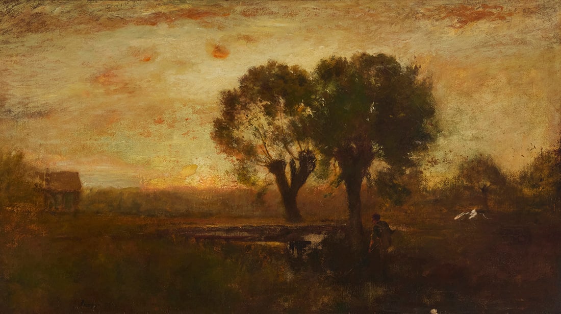 In the Style of George Inness (1825-1894), Barbizon sunset landscape: In the Style of George Inness (1825-1894) Barbizon sunset landscape Oil on canvas laid to canvas Bears signature lower left: G. Inness 28" H x 50" W Provenance: Private estate, California