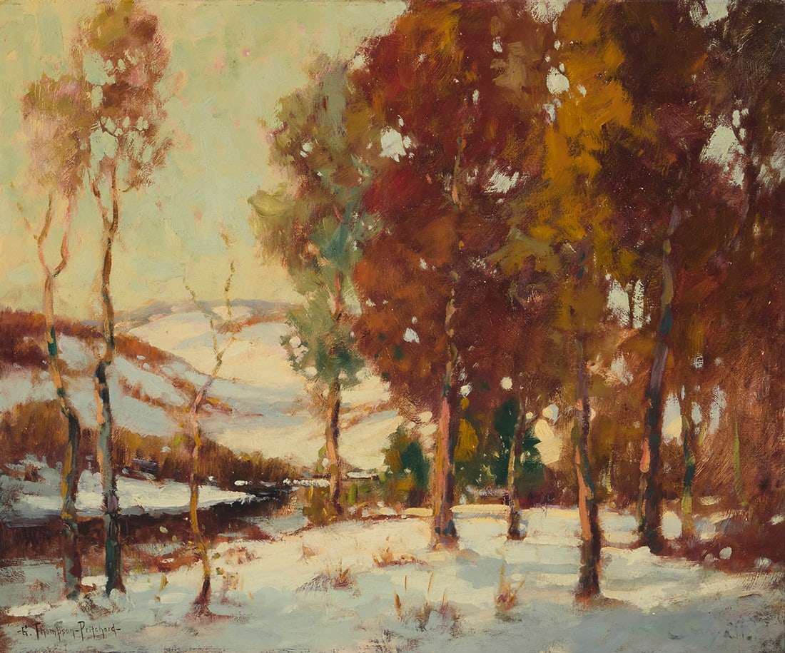 George Thompson Pritchard (1878-1962), "Autumn Glory": George Thompson Pritchard(1878-1962)"Autumn Glory"Oil on canvasSigned lower left: G. Thompson-Pritchard-; with a title preceded by the number "26." on a portion of a typed label affixed to the stretch