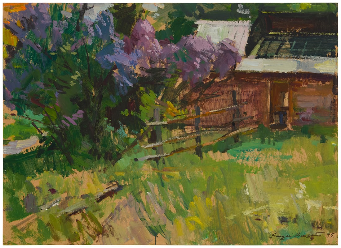 Sergei Bongart (1918-1985), Flowering tree and building, 1975: Sergei Bongart (1918-1985) Flowering tree and building, 1975 Oil on board Signed and dated lower right: Sergei Bongart 75.; inscribed in ink verso: "36111C." and inscribed in ink on the frame's