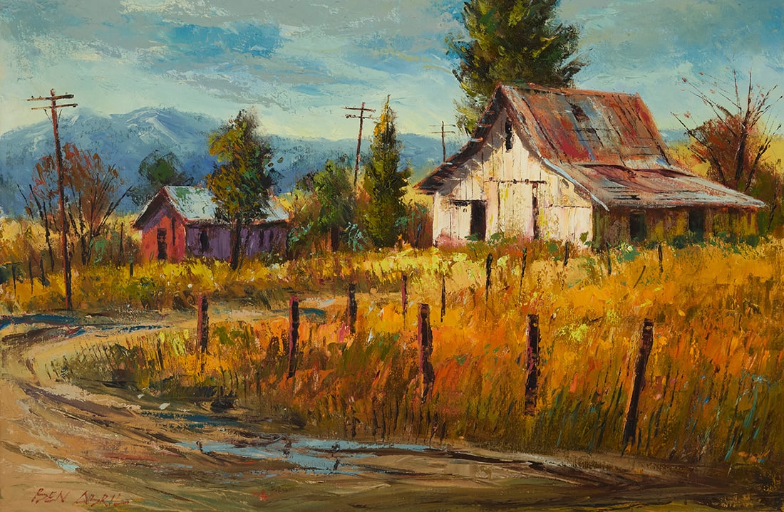 Ben Abril (1923-1995), "Oak Glen, Yucaipa Country": Ben Abril (1923-1995) "Oak Glen, Yucaipa Country" Oil on canvas Signed lower left: Ben Abril; titled on the stretcher 24.5" H x 36.25" W Provenance: Sold: John Moran Auctioneers, Pasadena, CA,