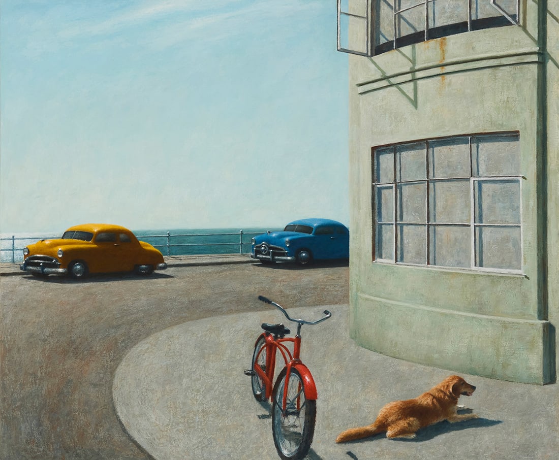 Michael Chapman (b. 1957), "Breezy Visit," 1997: Michael Chapman (b. 1957) "Breezy Visit," 1997 Oil on canvas Signed, titled, and dated verso: Michael Chapman / 97 39" H x 47" W Provenace: Tatistcheff Rogers Gallery, Santa Monica, CA