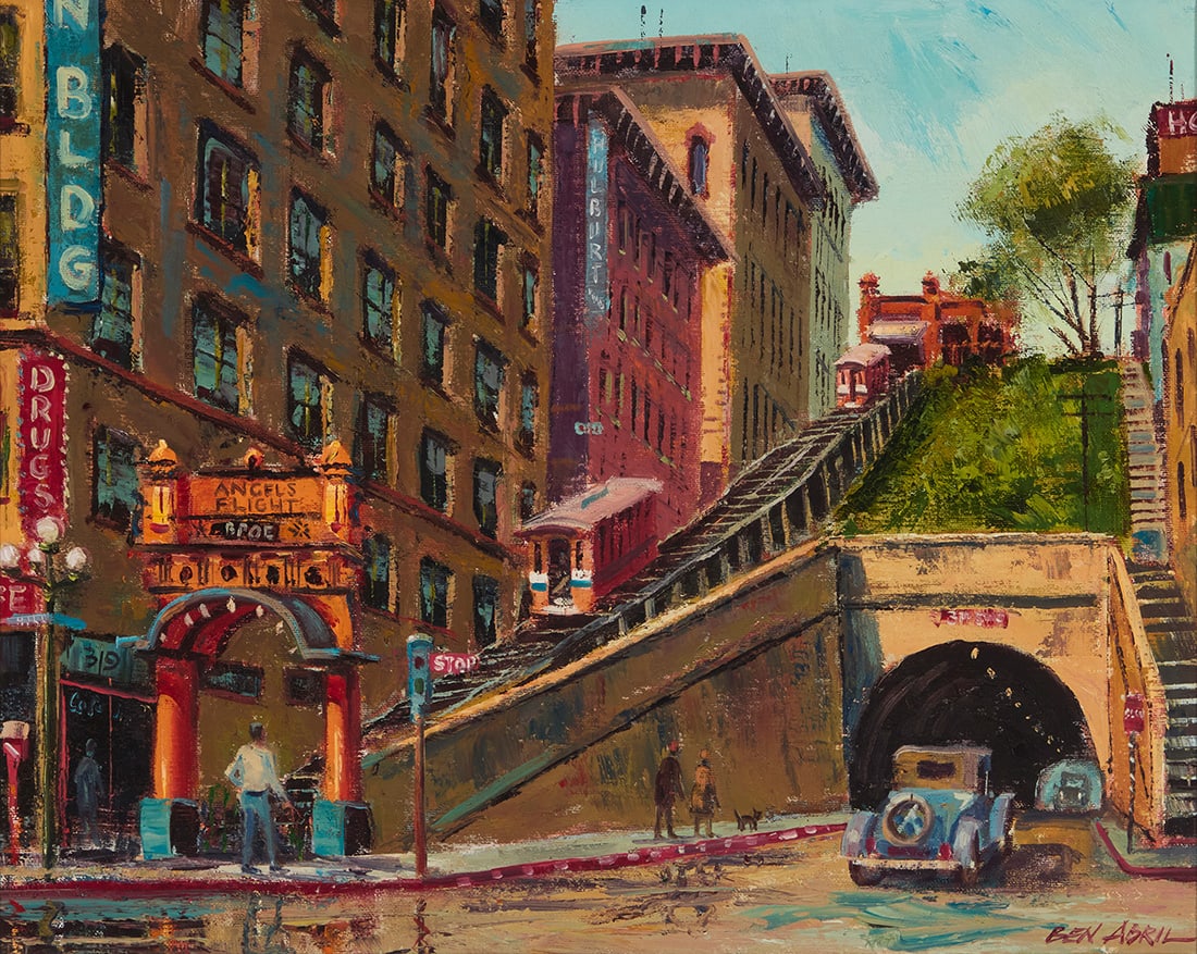 Ben Abril (1923-1995), "Angels Flight Railway, Los Angeles, Circa 1937": Ben Abril (1923-1995) "Angels Flight Railway, Los Angeles, Circa 1937" Oil on canvas Signed lower right: Ben Abril; signed again and titled on the stretcher 16" H x 20" W