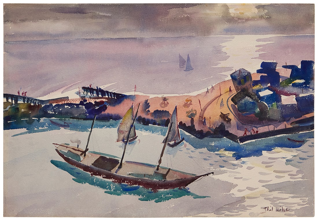 Phil Dike (1906-1990), Newport Peninsula: Phil Dike (1906-1990) Newport Peninsula Watercolor on paper Signed lower right: Phil Dike 13.375" H x 19" W Provenance: Jeff Olsen Collection, Newport Beach, CA