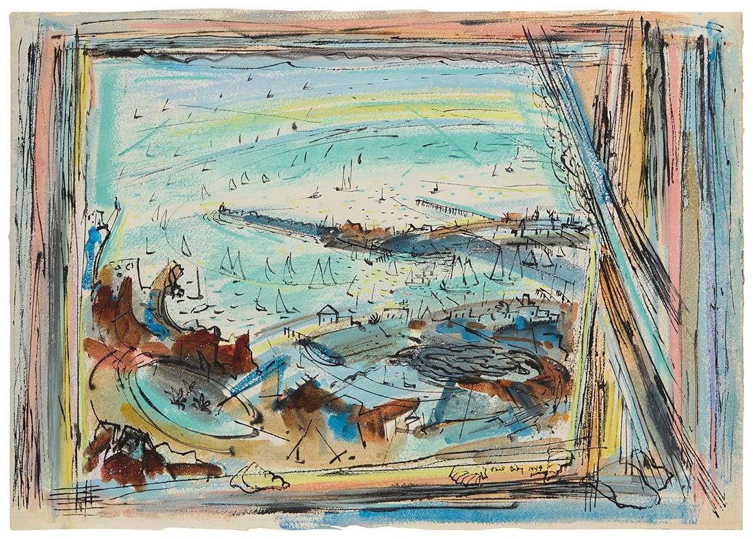 Phil Dike (1906-1990), Newport Jetty, 1949: Phil Dike (1906-1990) Newport Jetty, 1949 Watercolor and ink on paper Signed and dated lower right: Phil Dike 1949 Sheet: 15.625" H x 22.25" W Provenance: Jeff Olsen Collection, Newport Beach, CA