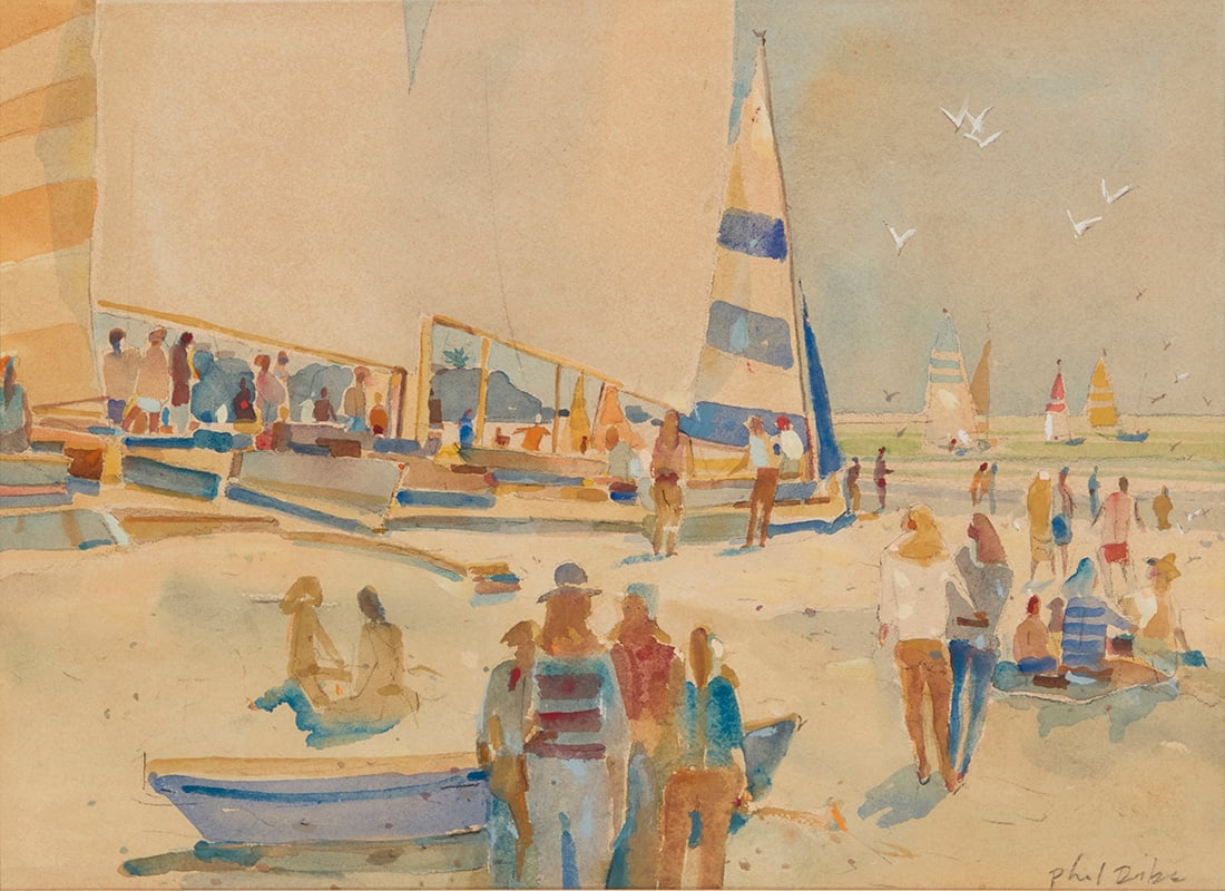 Phil Dike (1906-1990), "Sunday Sails #3": Phil Dike (1906-1990) "Sunday Sails #3" Watercolor on board Signed in pencil lower right: Phil Dike; signed again, titled, and inscribed "D75-683-W," on the verso and on an old frame's backing paper