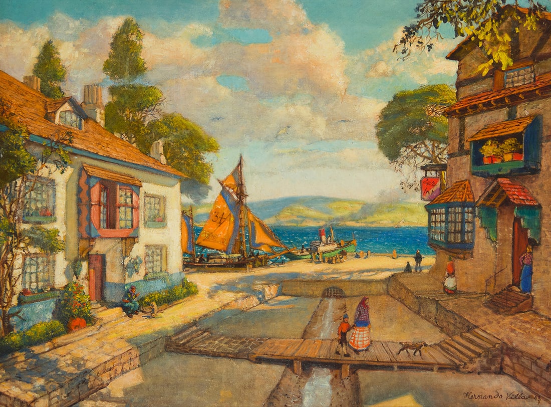 Hernando Gonzallo Villa (1881-1952), Harbor village with townspeople, 1943 (1 of 5)