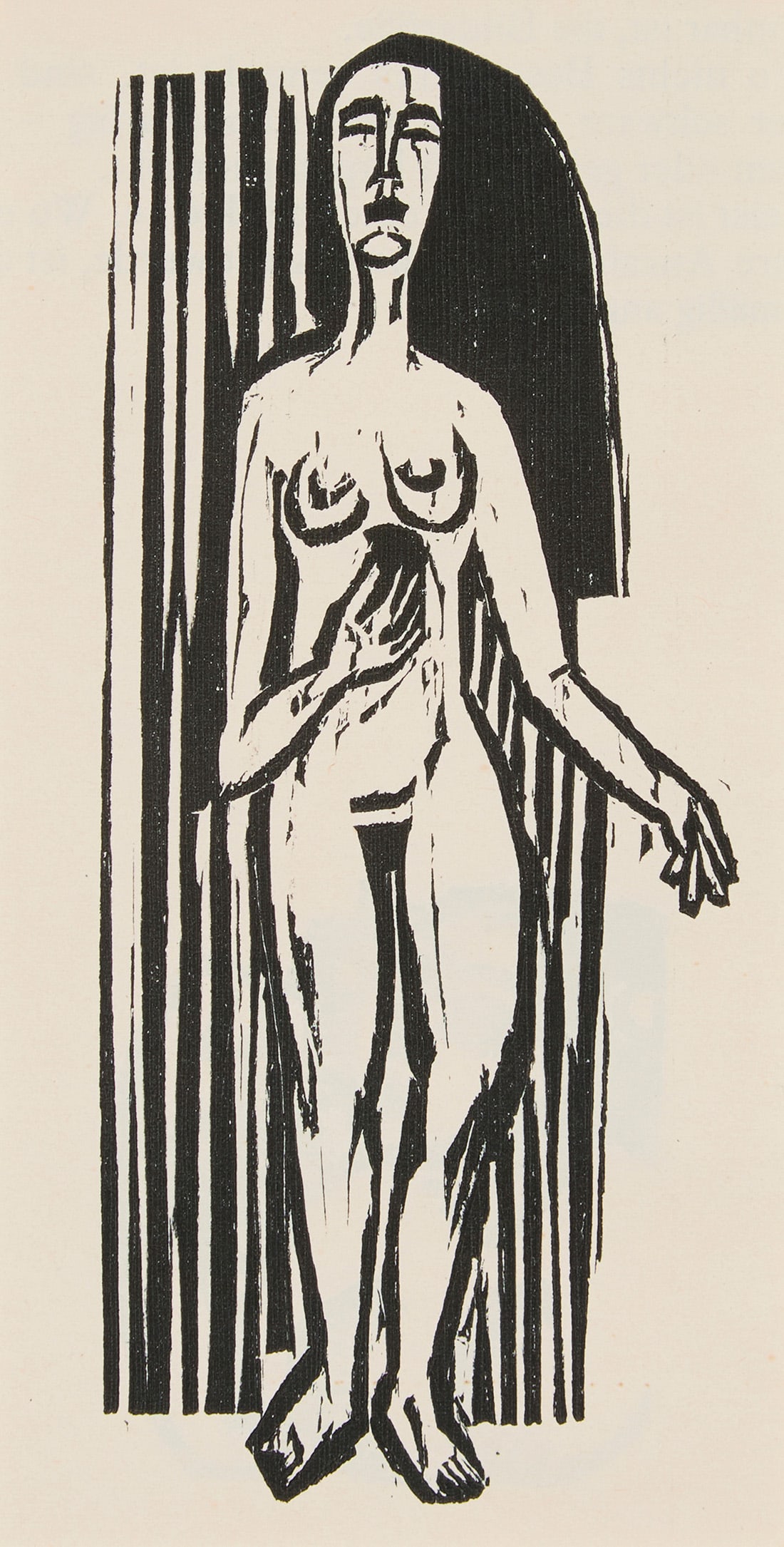Ernst Ludwig Kirchner (1880-1938), Standing nude (an illustration from an unidentified publication),: Ernst Ludwig Kirchner (1880-1938) Standing nude (an illustration from an unidentified publication), circa 1920s Woodcut on smooth cream wove paper From the edition of unknown size and date, wtih an ad