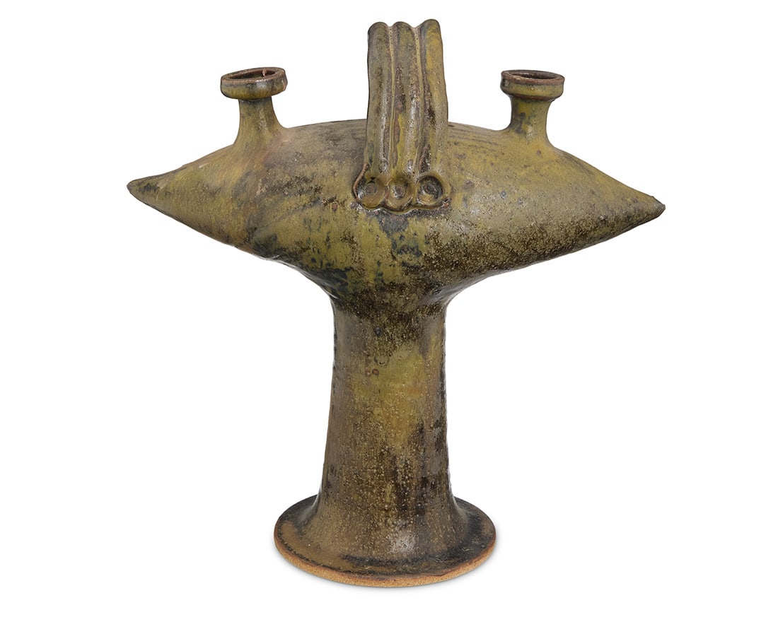 Takao Tomono (b. 1935), A glazed stoneware two light candelabra, mid/late 20th century: Takao Tomono (b. 1935) A glazed stoneware two light candelabra, mid/late 20th century Unmarked 13.625" H x 13.25" W x 5.625" D Provenance: The Artist Private collection, acquired from the above