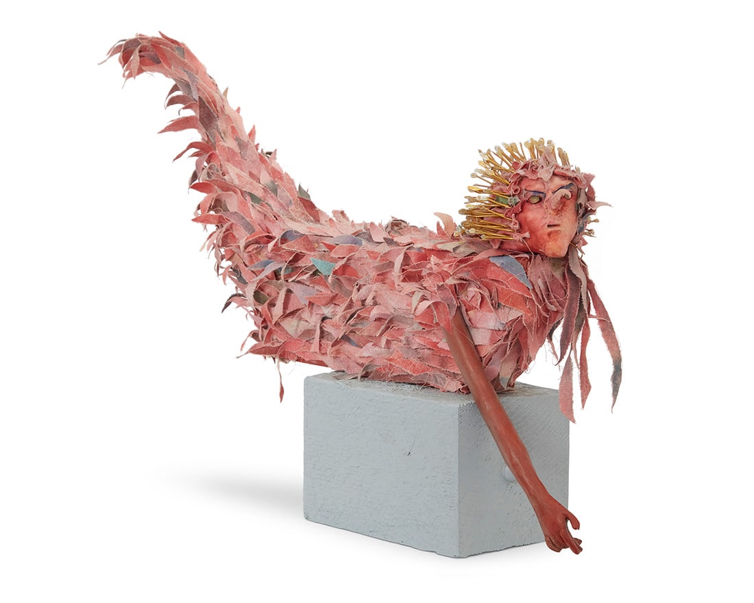 Grady Kimsey (1928-2025), A mermaid sculpture, late 20th century: Grady Kimsey (1928-2025) A mermaid sculpture, late 20th century Unmarked Mixed media and fabric on wood plinth Overall: 12.75" H x 19.75" W x 3.75" D Other notes: This lot is accompanied by a staple-b