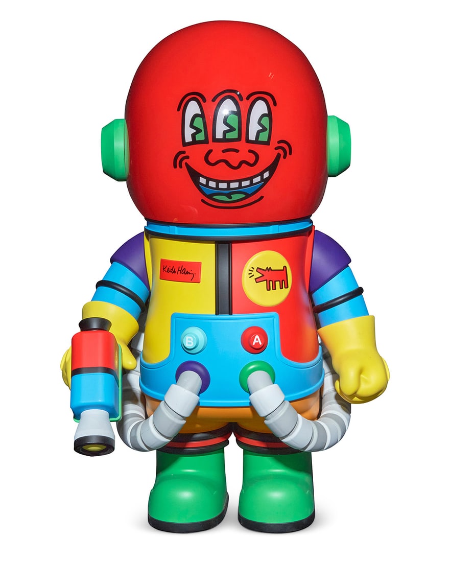 After Keith Haring (1958-1990) x Pop Mart Mega Collection, "Space Molly" 1000% figurine, 2021: After Keith Haring (1958-1990) x Pop Mart Mega Collection "Space Molly" 1000% figurine, 2021 With factory marks in the molding under feet: kennyswork PVC and ABS plastic, with articulated helmet visor