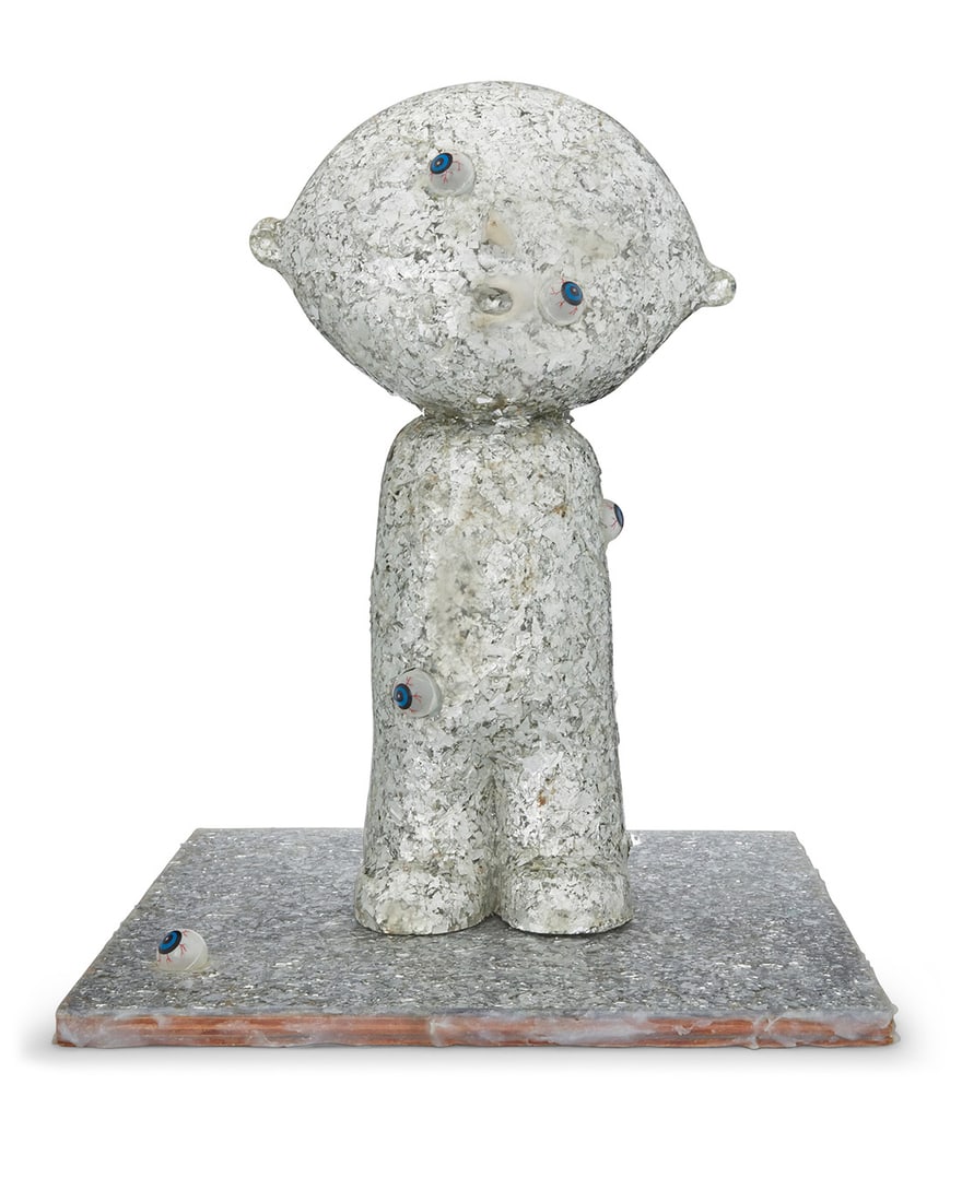 Ed Kornelis (20th/21st Century), Figure: Ed Kornelis (20th/21st Century) Figure Fiberglass, silver foil, and plastic eyeballs, on conforming wood base Unmarked Figure: 23.5" H x 14.75" W x 8" D; Base: 2" H x 20.75" W x 17.75" D Provenance:<