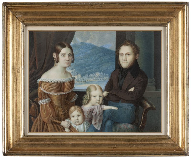 Johann Friedrich Dieterich (1787-1846 German): An Empire period family portrait, circa 1830s, unsigned, gouache and watercolor on paper laid to board under glass, paper size: 7.75'' H x 10.25'' W, est: $800/1200 Note: The present work is a departu