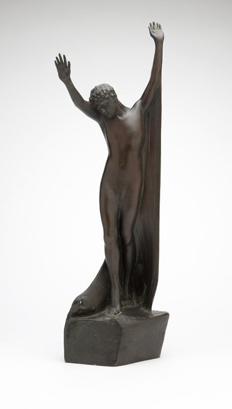 C. Scarpitta (1887-1948), a bronze sculpture: First half 20th century, signed 'Cartaino Scarpitta / Sc** (?)' (Salvatore Cartaino Scarpitta, Italian / American) and stamped ''Roman Bronze Works'', depicting a standing nude male figure with his ar