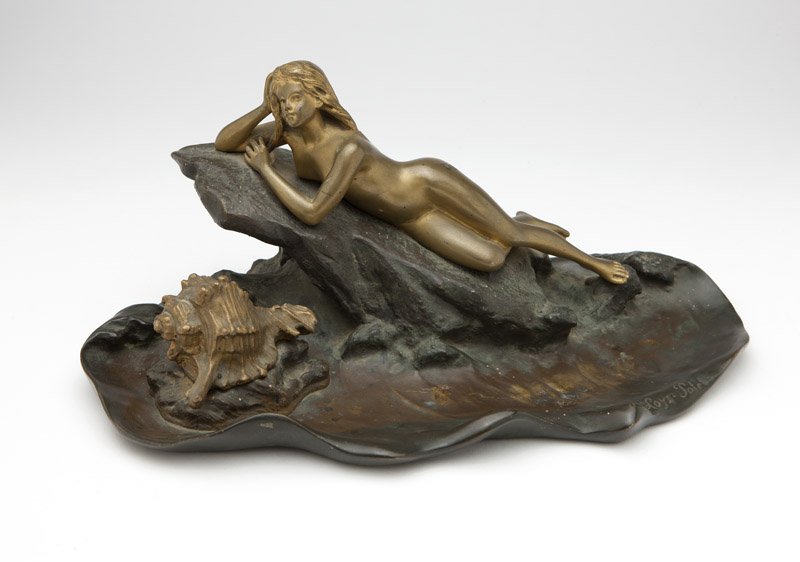 L. Potet, an Art Nouveau bronze figural inkstand: 'Naiade sur un rocher'', circa 1900, signed ''Loys - Potet'' (Louis Potet, b. 1866, French), with foundry stamp ''Delarue / Paris / 108 R Vieille de Temple'', further stamped ''BD 491'', gilt and pati