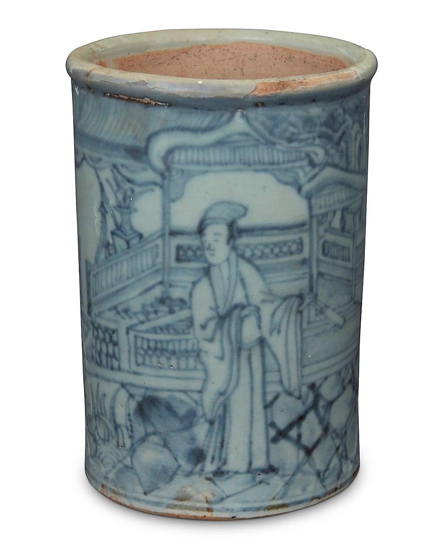 An Asian blue and white porcelain brush pot: An Asian blue and white porcelain brush pot Possibly Chinese, Qing dynasty With continuous illustration depicting a figure in a courtyard 4.875" H x 3.375" Dia. Provenance: Private collector, San Fran