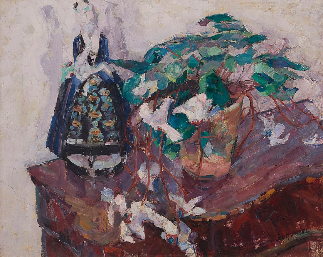 Joseph Raphael (1869-1950), Still life with figurine and flowers: Joseph Raphael (1869-1950) Still life with figurine and flowers Oil on canvas laid to waxed canvas Signed lower right: Joe Raphael 24" H x 30.25" W Provenance: Private collection, Northern Calif