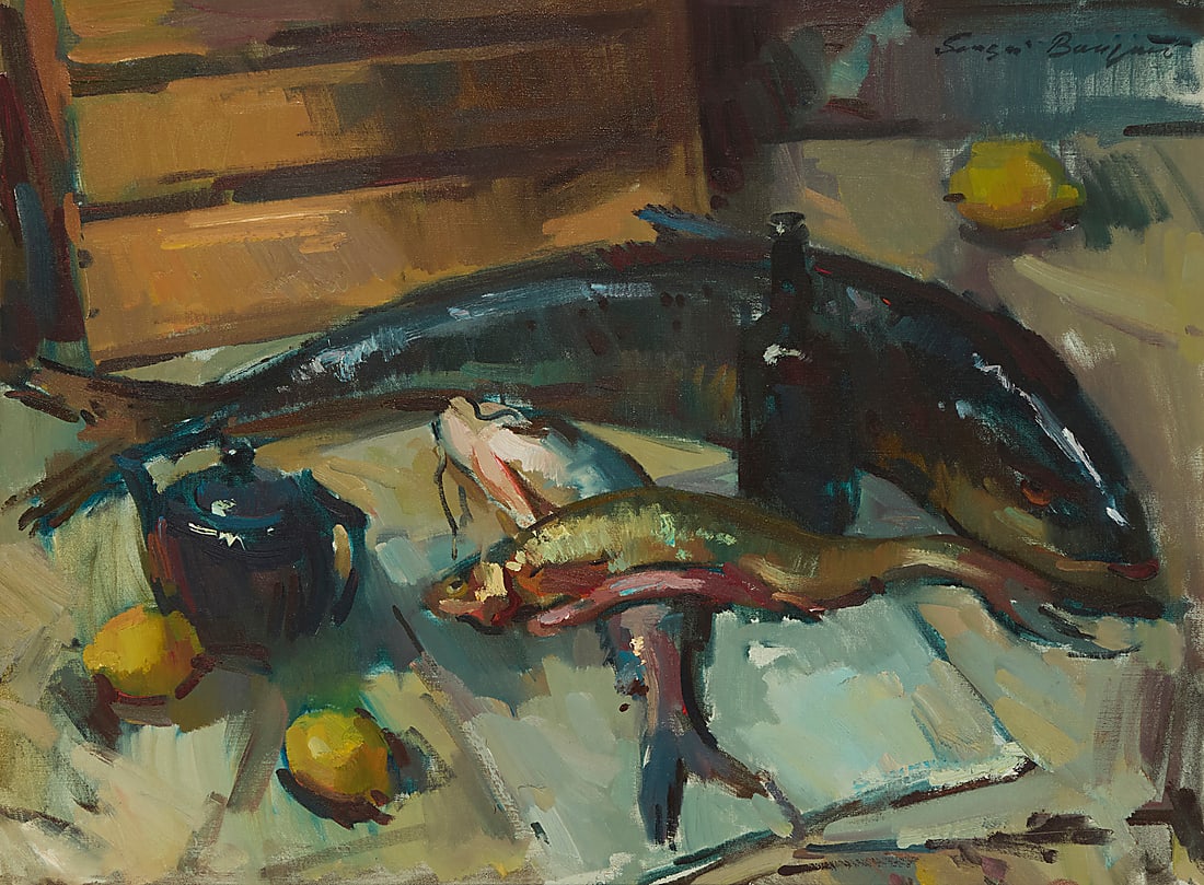 Sergei Bongart (1918-1985), Still life with fish: Sergei Bongart (1918-1985) Still life with fish Oil on canvas Signed upper right: Sergei Bongart; inscribed with technical notations in Cyrillic on the stretcher 30.5" H x 40.25" W Provenance: The