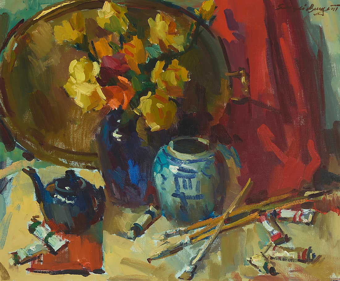 Sergei Bongart (1918-1985), Still life with blue and white jar, paint tubes and brushes: Sergei Bongart (1918-1985) Still life with blue and white jar, paint tubes and brushes Oil on canvas Signed upper right: Sergei Bongart 30" H x 36" W Provenance: Trailside Galleries, Scottsdale,