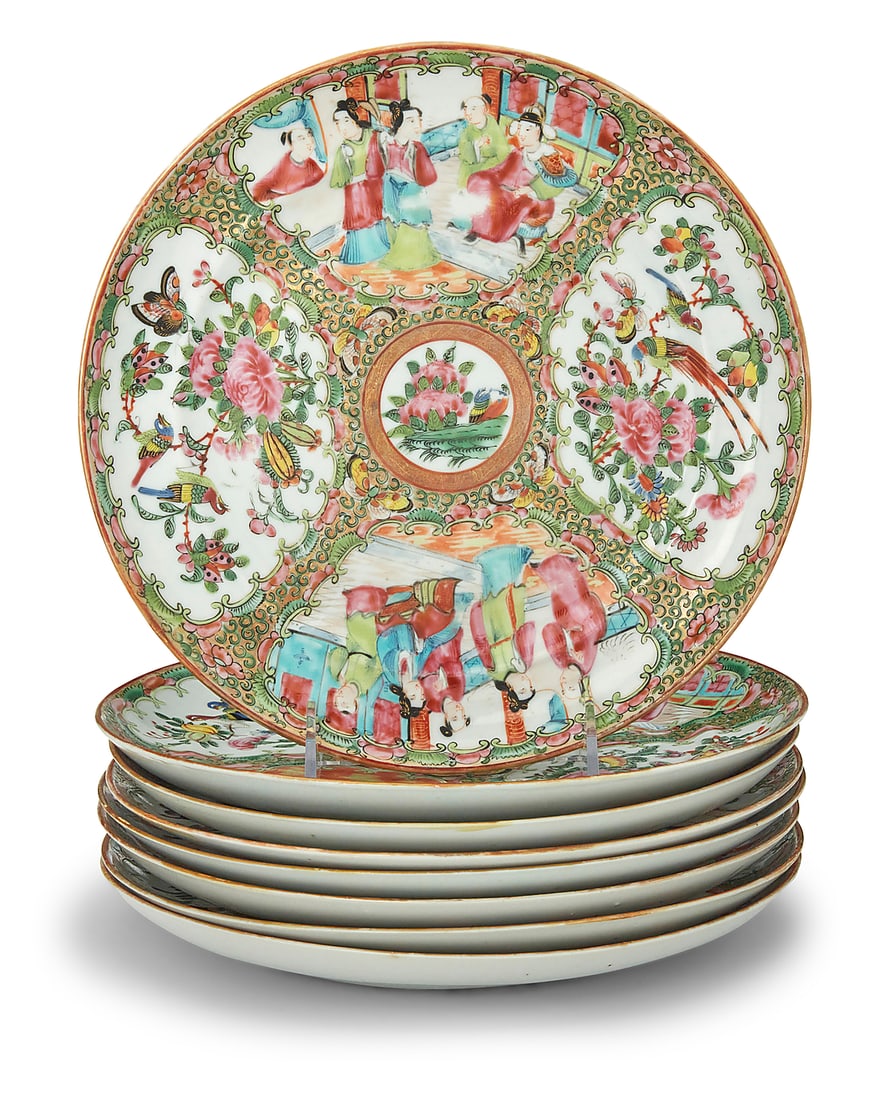 A set of eight Chinese Rose Medallion porcelain plates (1 of 3)