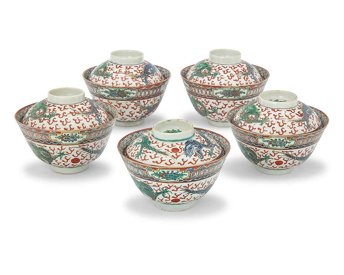 A set of five Chinese polychrome porcelain rice bowls: A set of five Chinese polychrome porcelain rice bowls Early 20th century Bowls marked to underside and dishes marked on sticker: Made in China Comprising five rice bowls with covers, each decorated