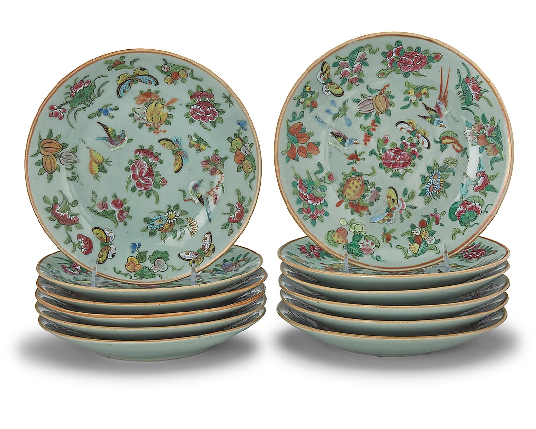 Twelve Chinese polychrome enamel and celadon glazed dishes (1 of 4)
