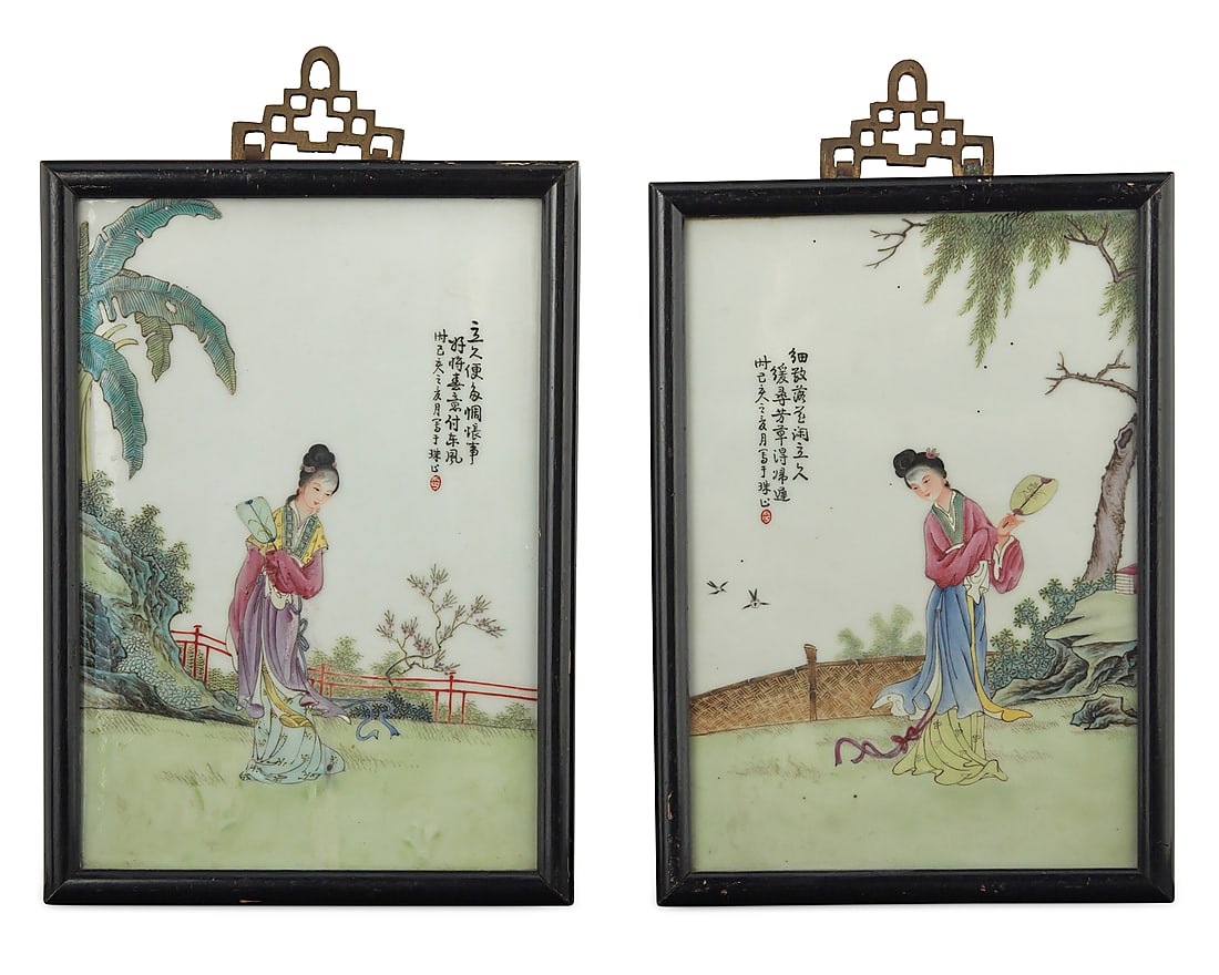 A pair of Chinese enameled porcelain plaques: A pair of Chinese enameled porcelain plaques With cyclical date to 1959 Each with poetic inscription Depicting a courtly lady in a garden, set in a wood frame 2 pieces Each sight: 9.5" H x 6.25" W; Ea