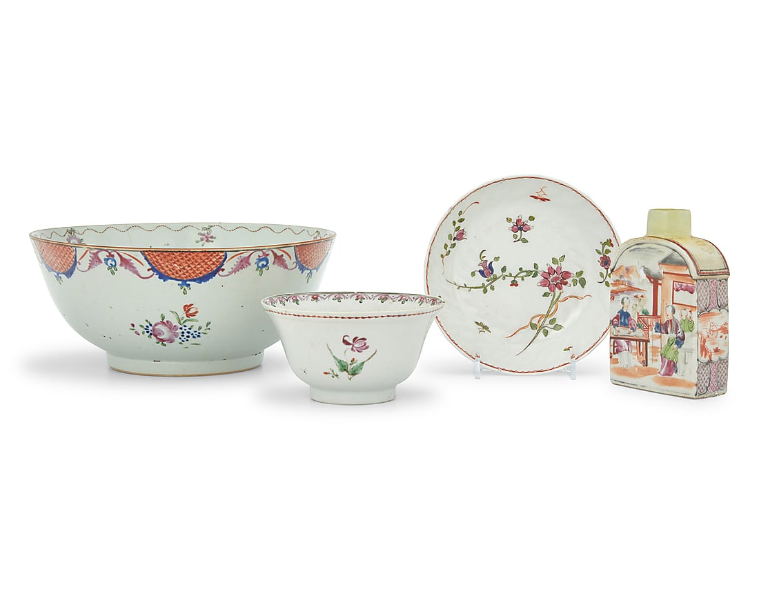 An assembled group of Chinese Export Famille Rose porcelain: An assembled group of Chinese Export Famille Rose porcelain Qianlong Period (1736-1795) or later Comprising a large bowl, a small dish, and a smaller bowl, each decorated with floral motifs, as well