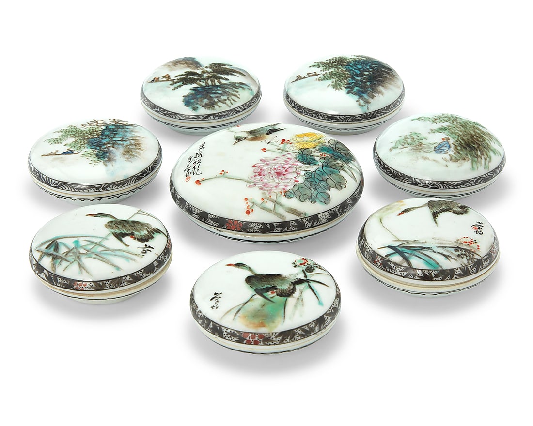 A group of eight Chinese enameled porcelain seal boxes: A group of eight Chinese enameled porcelain seal boxes Late Qing Dynasty /Republic Era (1644-1949) Five with red stamped Jiangxi mark; three with blue painted Hongxian mark; three inscribed to lid Com