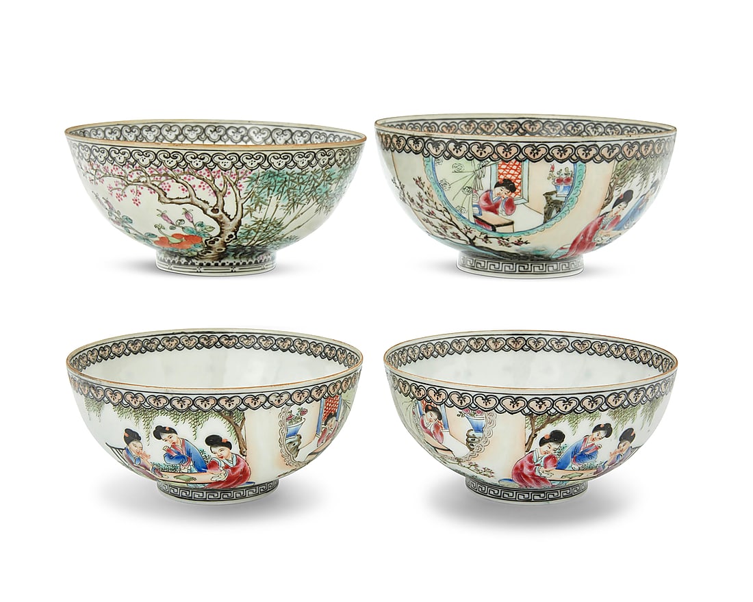 A group of four Chinese Famille Rose eggshell porcelain bowls: A group of four Chinese Famille Rose eggshell porcelain bowls First half 20th century Each bearing a red and gilt reign mark for Qianlong Period (1736-1795); each inscribed to exterior with unknown