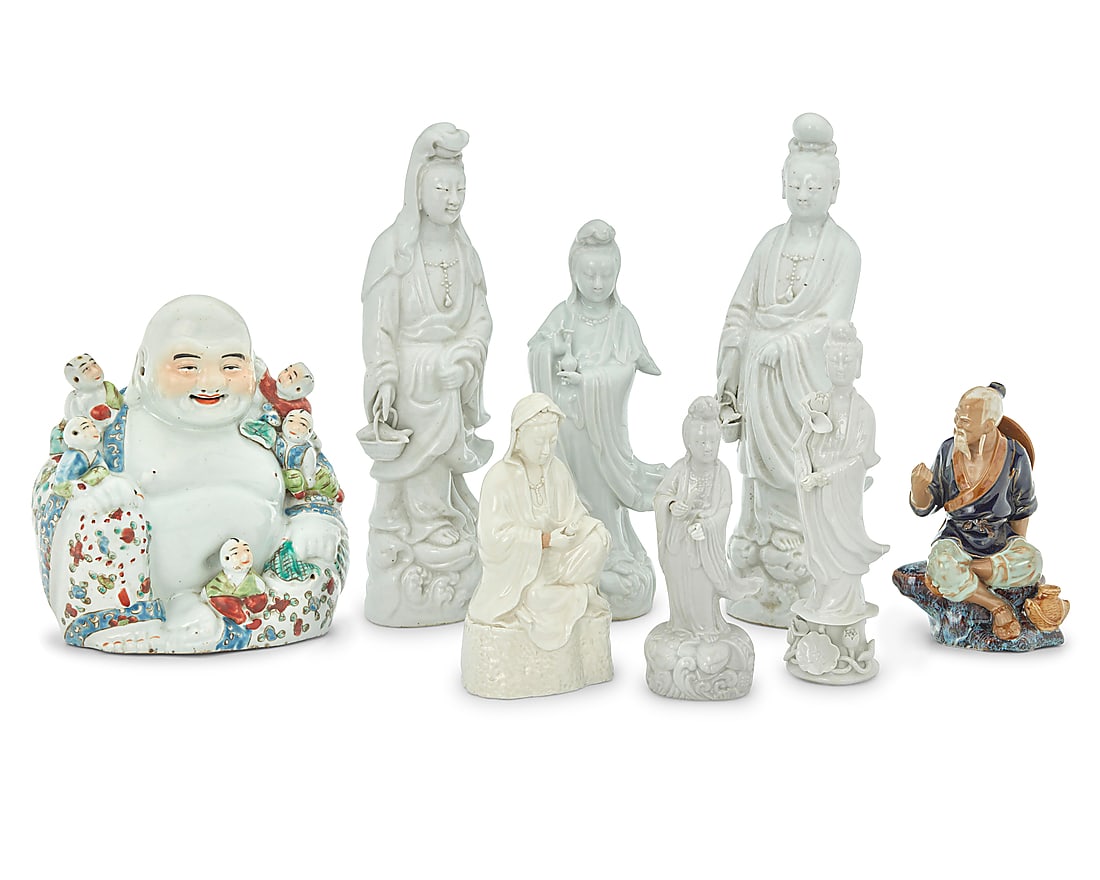 An assembled group of twelve Chinese blanc de chine porcelain Guanyins: An assembled group of twelve Chinese blanc de chine porcelain Guanyins 20th century Most with impressed maker's mark to underside or stamped: CHINA Together with an enameled porcelain Buddha and model