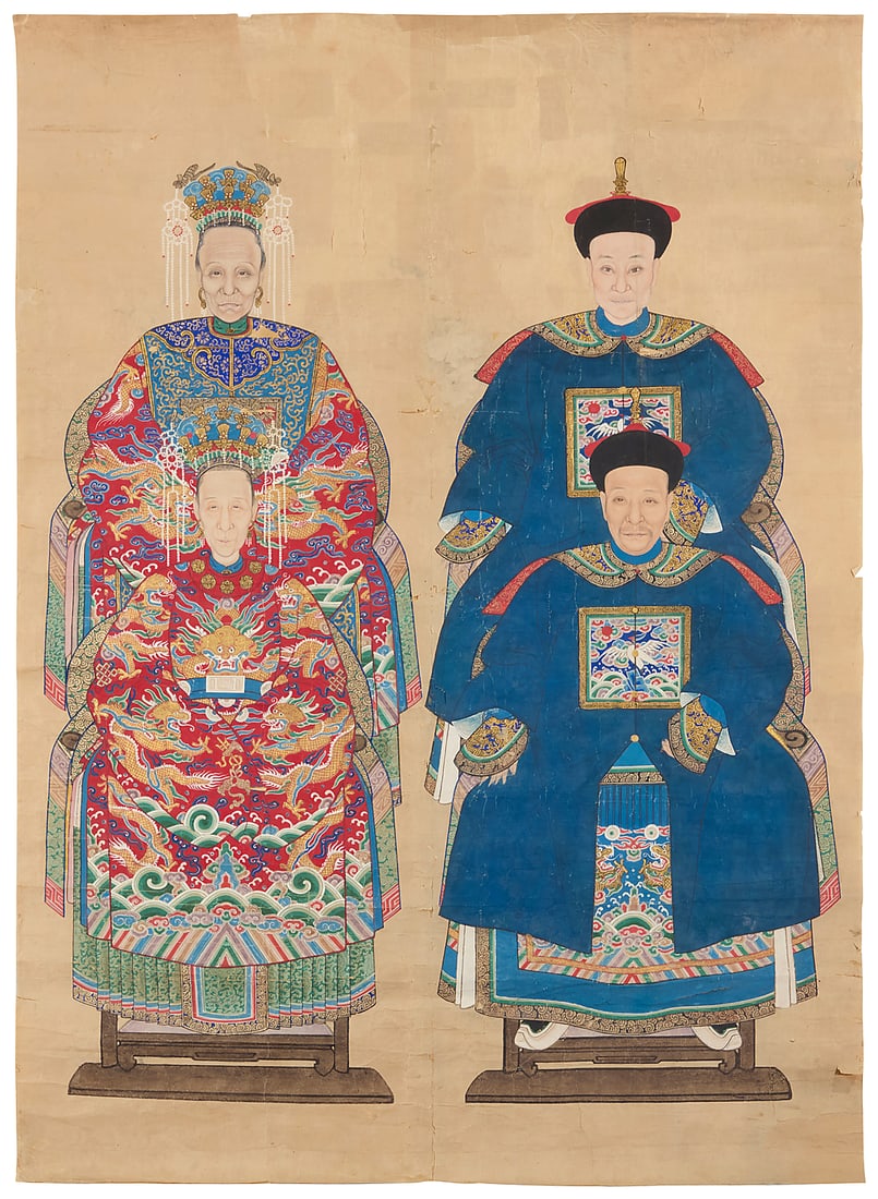 A 19th century Chinese group ancestor portrait: A 19th century Chinese group ancestor portrait Pigment and gold on paper laid to fabric Unsigned 50.25" H x 36.5" W
