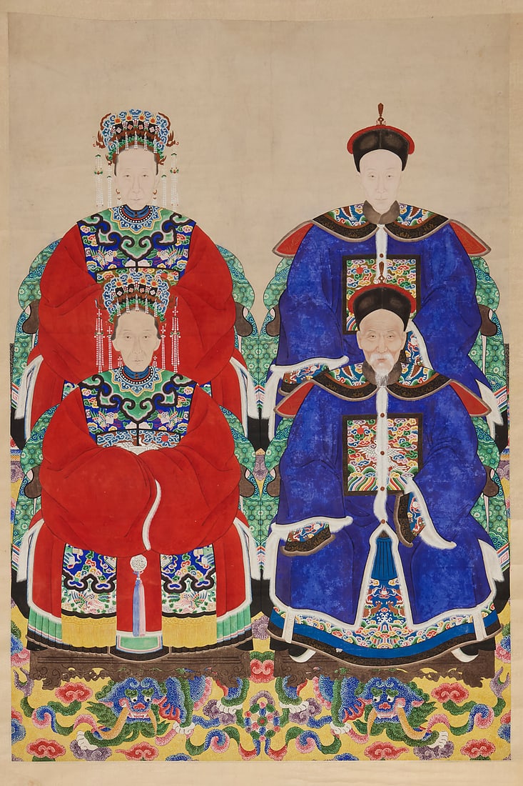 A 19th century Chinese group ancestor portrait: A 19th century Chinese group ancestor portrait Pigment and gold on paper mounted to fabric and with wooden dowels Appears unsigned; inscribed in blue pigment near the lower edge, verso: G Image/sheet:
