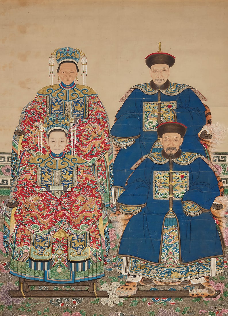 A 19th century Chinese group ancestor portrait: A 19th century Chinese group ancestor portrait Pigment and gold on paper laid to fabric Unsigned 60" H x 37" W