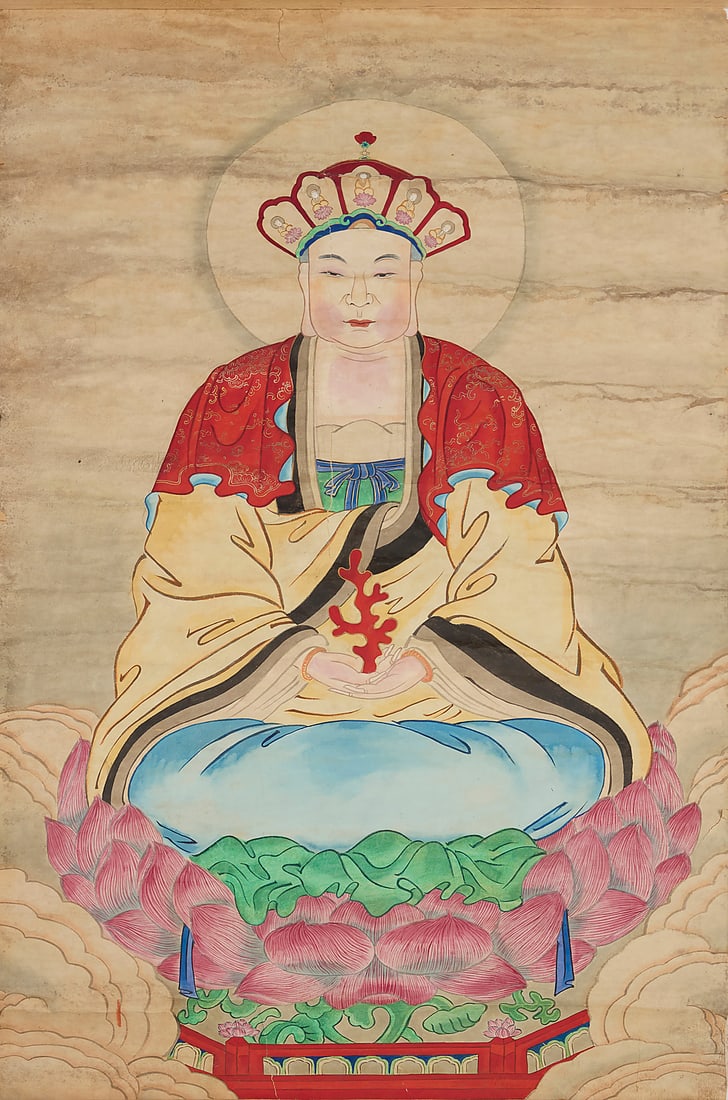19th/20th century Chinese School: 19th/20th century Chinese School A seated Buddha Pigment and gold on layered paper Unsigned 54.5" H x 31.25" W