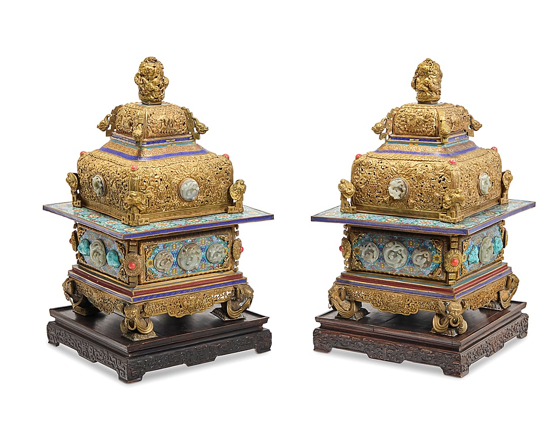 A pair of Tibeto Chinese style gilt metal cloisonne and hardstone mounted censers: A pair of Tibeto Chinese style gilt metal cloisonne and hardstone mounted censers Some Possible High Qing elements Possibly Mongolian, Late Qing Dynasty (1644-1912) or later Each gilt copper alloy cen