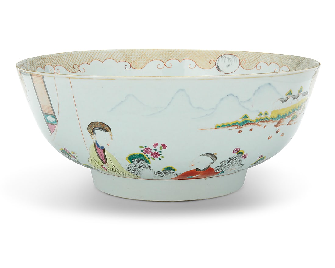 A large Chinese Export enameled porcelain bowl: A large Chinese Export enameled porcelain bowl 18th/19th century or later Depicting figural scenes and floral motifs 6.75" H x 16.25" Dia.