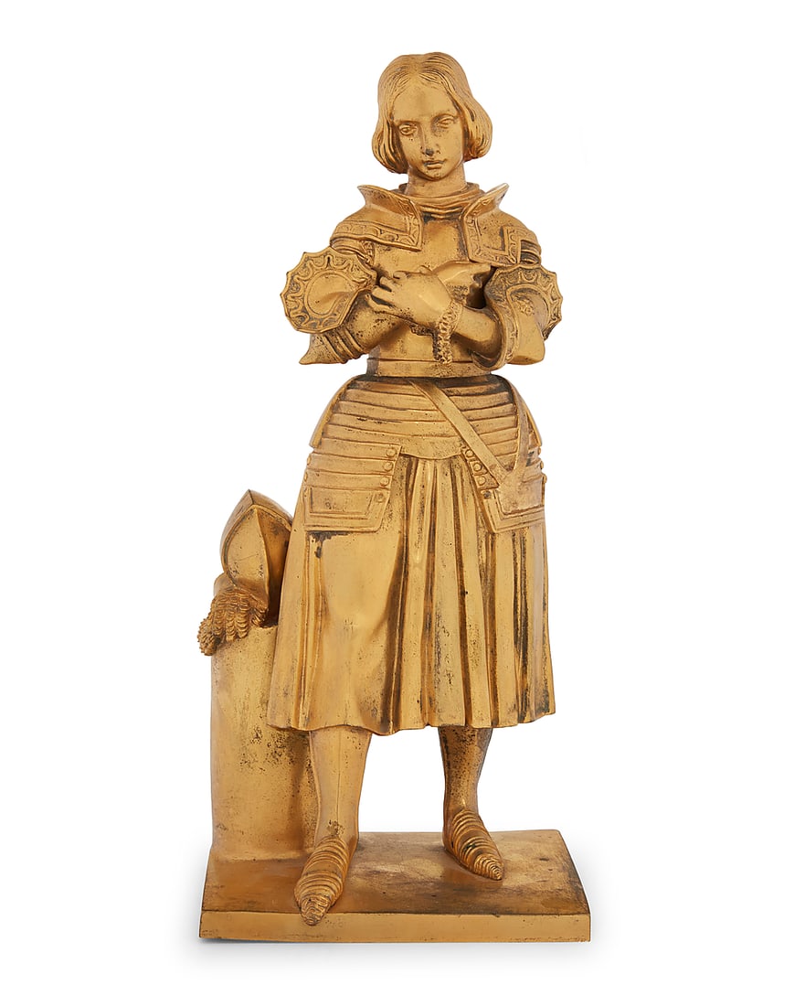 A French gilt bronze model of Joan of Arc praying: A French gilt bronze model of Joan of Arc praying After Marie Christine Caroline AdelaÔde Francoise Leopoldine d'Orleans (1813-1839) Late 19th/early 20th century Unmarked Depicted clad in armor befor