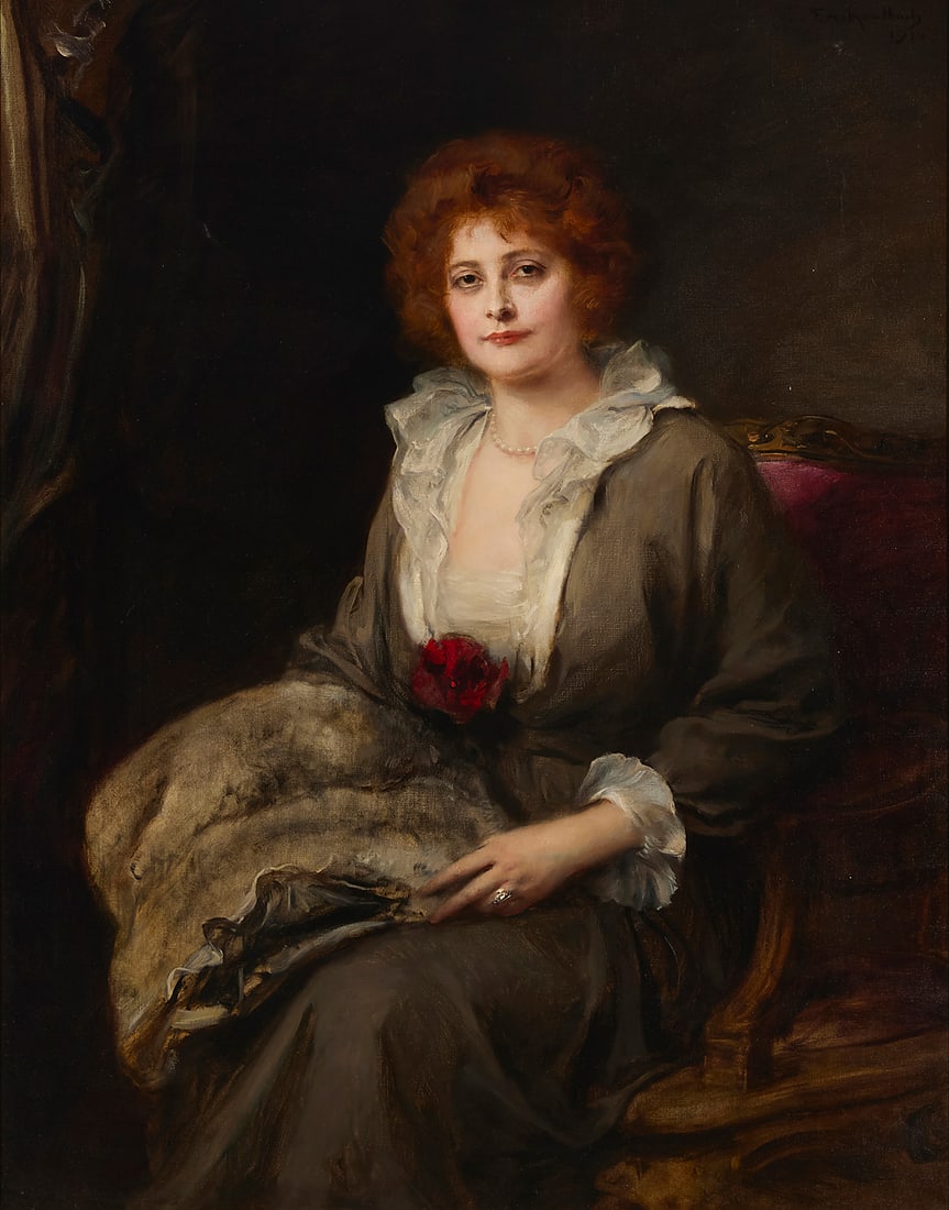 Friedrich August von Kaulbach (1850-1920), "Society Beauty," 1914: Friedrich August von Kaulbach (1850-1920) "Society Beauty," 1914 Oil on canvas laid to canvas Signed and dated upper right: F. Av Kaulbach / 1914; titled on a label affixed to the stretcher 50" H x 40