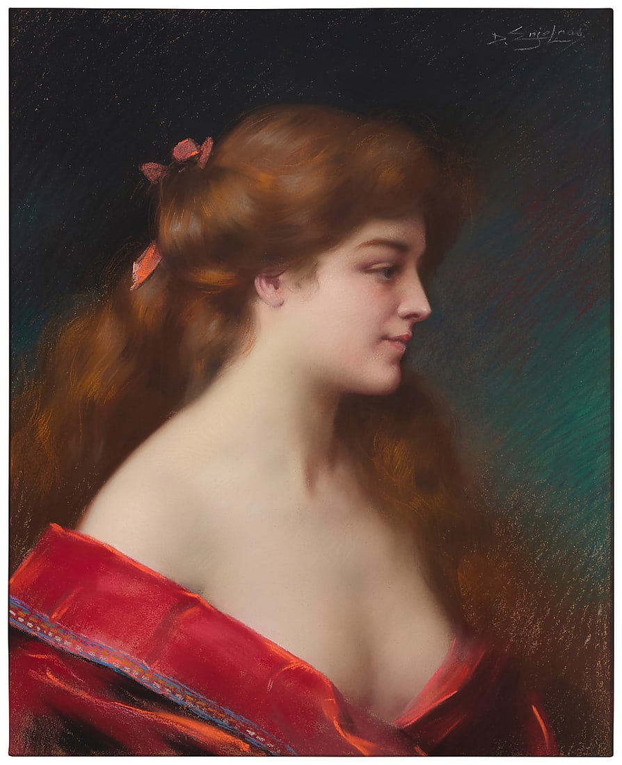 Delphin Enjolras (1857-1945), Portrait of a woman: Delphin Enjolras (1857-1945) Portrait of a woman Pastel on paper wrapped over canvas Signed upper right: D. Enjolras 24" H x 19.75" W