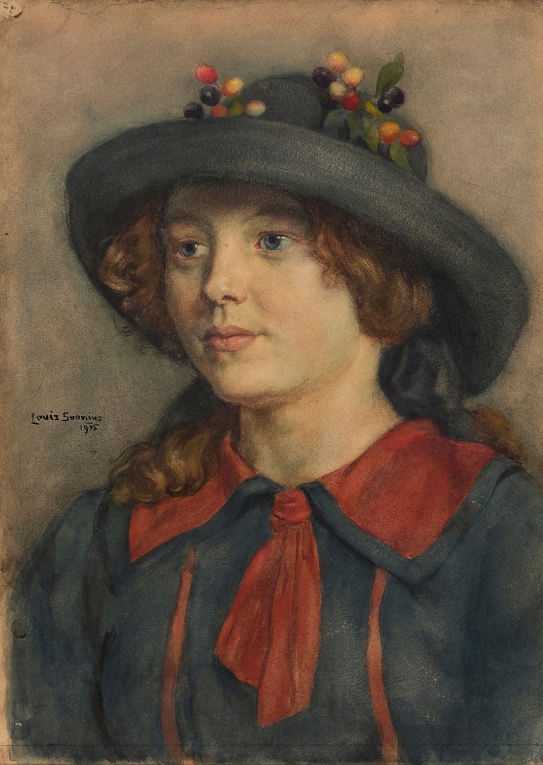 Louis Soonius (1883-1956), Portrait of young lady in a hat adorned with berries, 1915; and Sketch of: Louis Soonius (1883-1956) Portrait of young lady in a hat adorned with berries, 1915; and Sketch of a lady in profile (double-sided) Watercolor on paper; and Pencil and watercolor on paper Signed and 