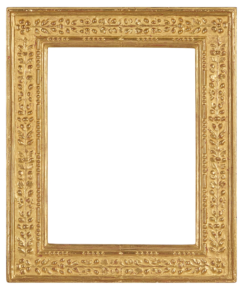 A carved giltwood frame: A carved giltwood frame With floral motifs in relief and bead and barrel trim Inner: 23" H x 17.25" W; Outer: 31.375" H x 26" W x 2.5" D Provenance: Private Estate, California