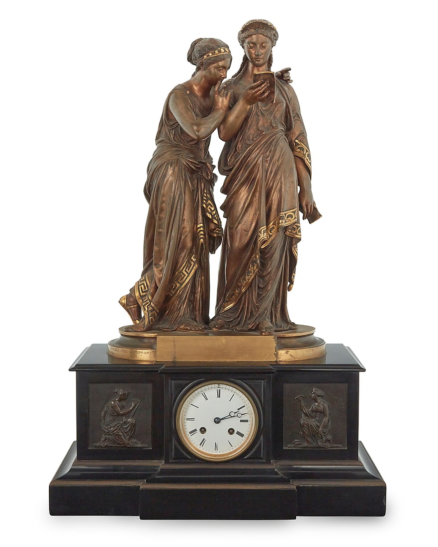 A French patinated bronze figural mantel clock: A French patinated bronze figural mantel clock After Jean-Louis Gregoire (1840-1890), early 20th century Base of bronze marked in the casting: L. Gregoire. / Societe Des Bronzes; dial impressed: JAPY 