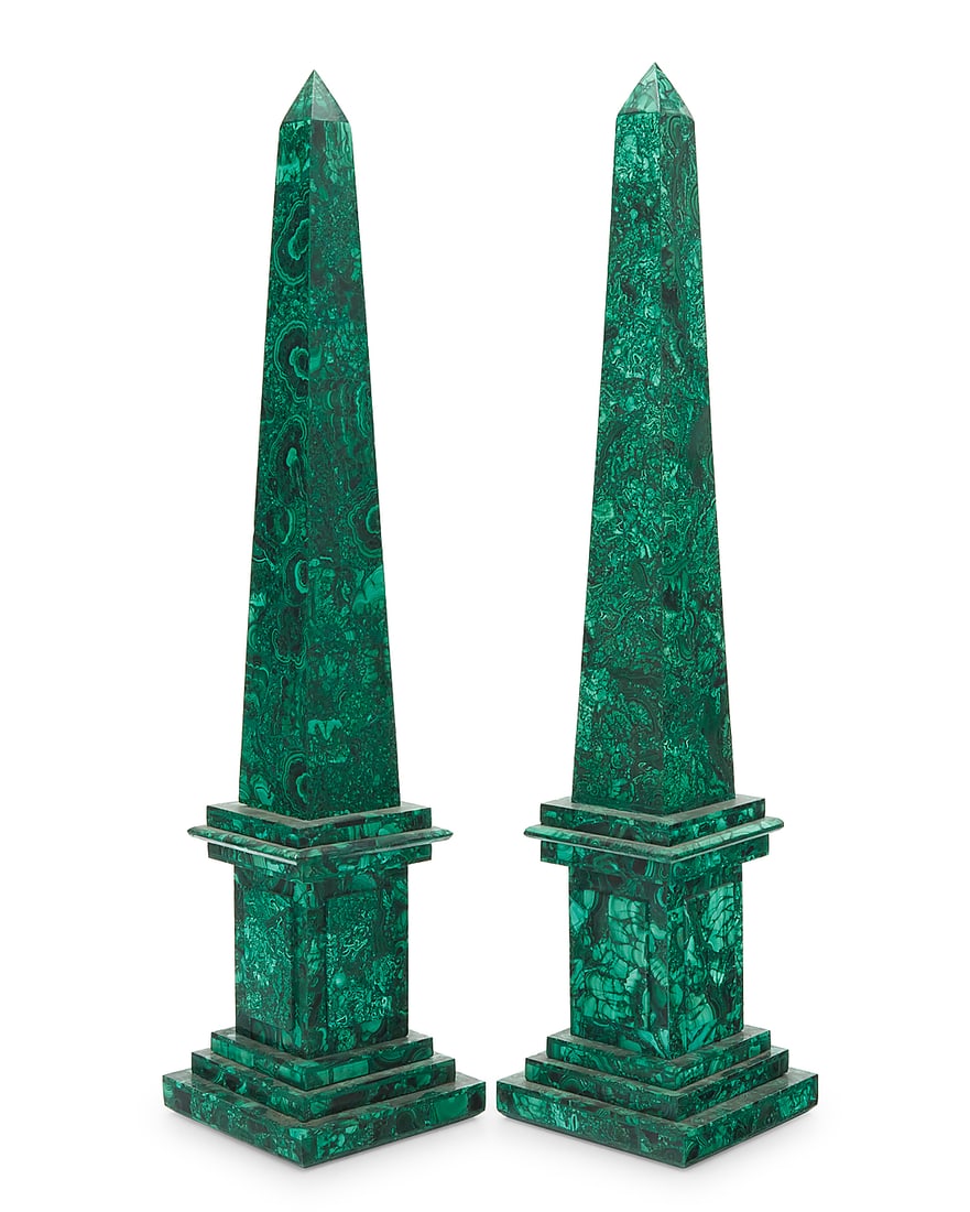 A pair of malachite veneered obelisks: A pair of malachite veneered obelisks Late 20th century 2 pieces Each: 29.625" H x 6.625" W x 6.625" D