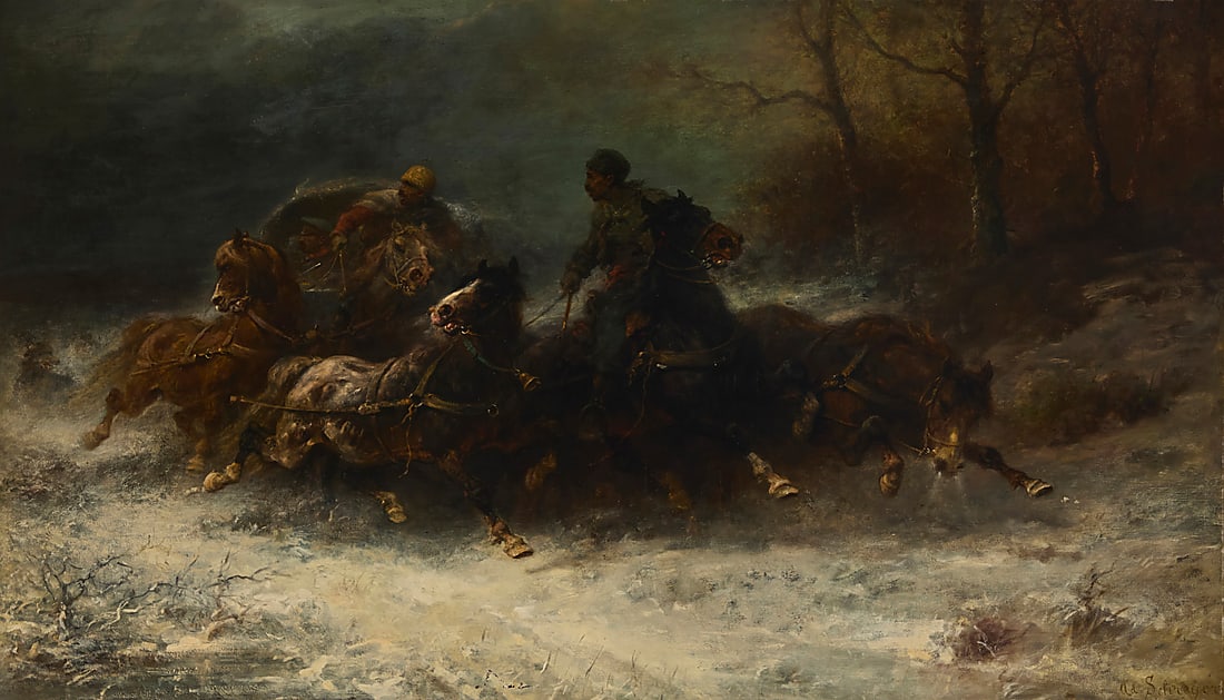 Adolf Schreyer (1828-1899), "Hunted by Wolves": Adolf Schreyer (1828-1899) "Hunted by Wolves" Oil on canvas laid to canvas Signed lower right: Ad Schreyer; titled by repute 36" H x 63" W Provenance: Sold: Christie's, London, "19th Century Eur