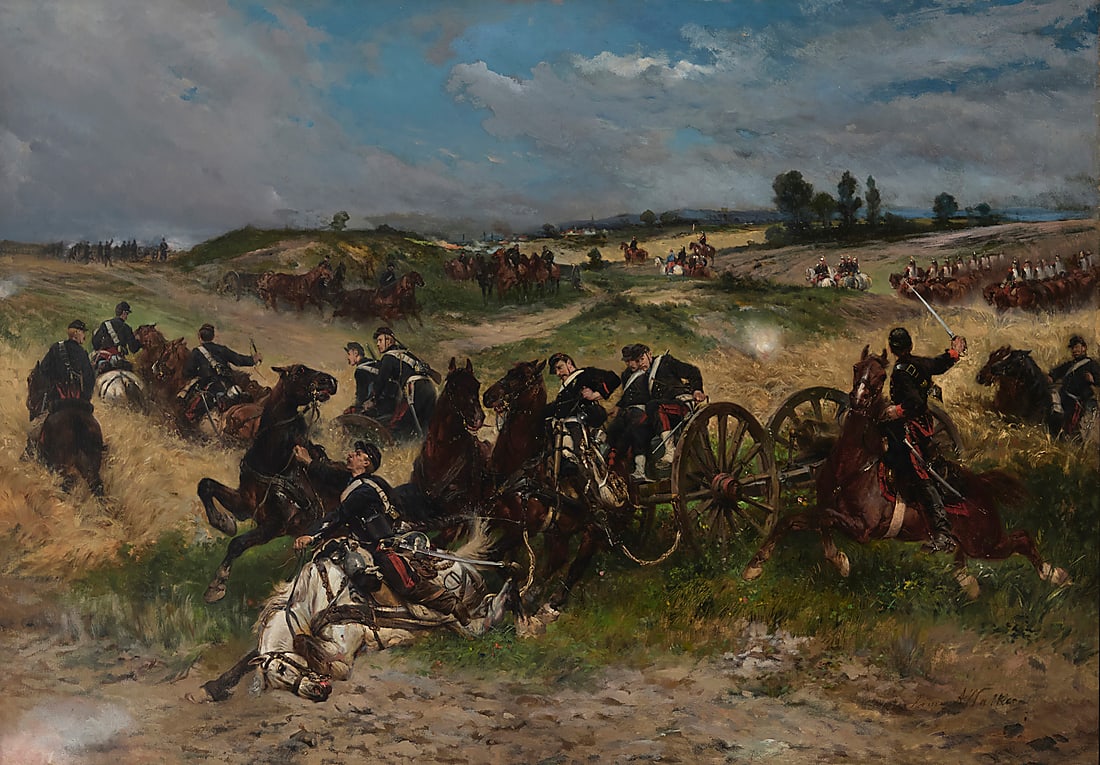 James Alexander Walker (1819-1889), "The Fray Of Battle" (or "The Franco-Prussian War"): James Alexander Walker (1819-1889) "The Fray Of Battle" (or "The Franco-Prussian War") Oil on canvas laid to canvas Signed lower right: James A. Walker; titled by repute 27.75" H x 39.5" W